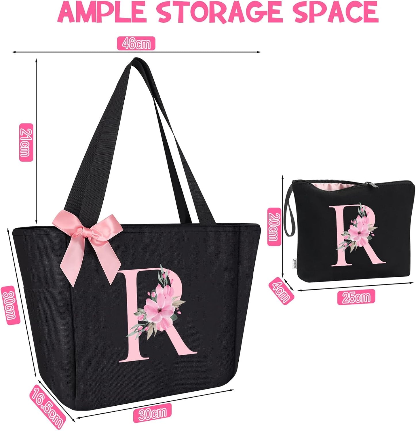 Vavabox Tote Bag, A-Z Initial Monogrammed Waterproof Tote Bag, Bridesmaid Gifts for Women, Black and Pink