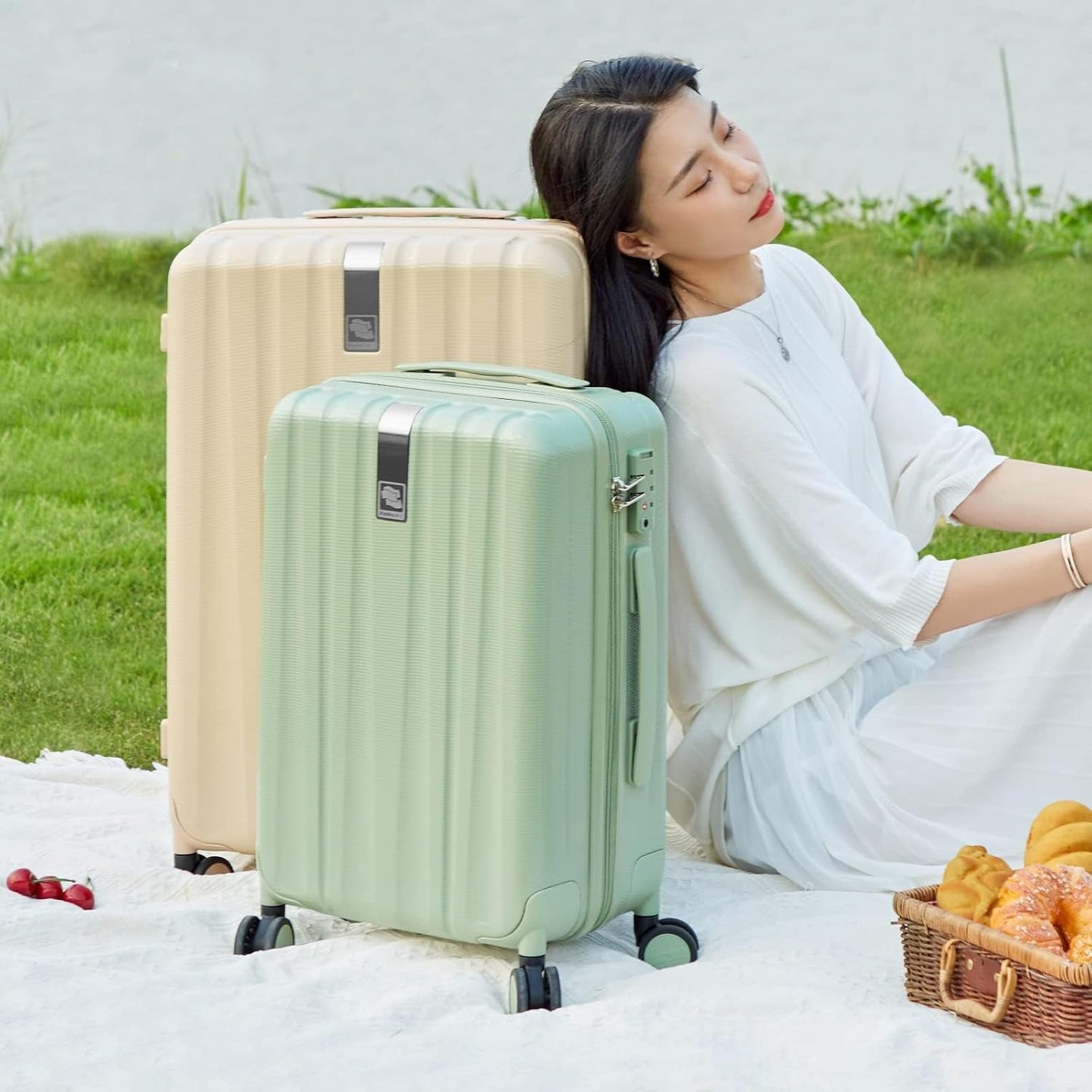 Hanke Luggage Sets 2 piece Carry On Luggage with Wheels PC Hard Shell Suitcases Lightweight Checked Travel Luggage Large Travel Suitcase Woman Men 20/29 Inch(Bamboo Green)
