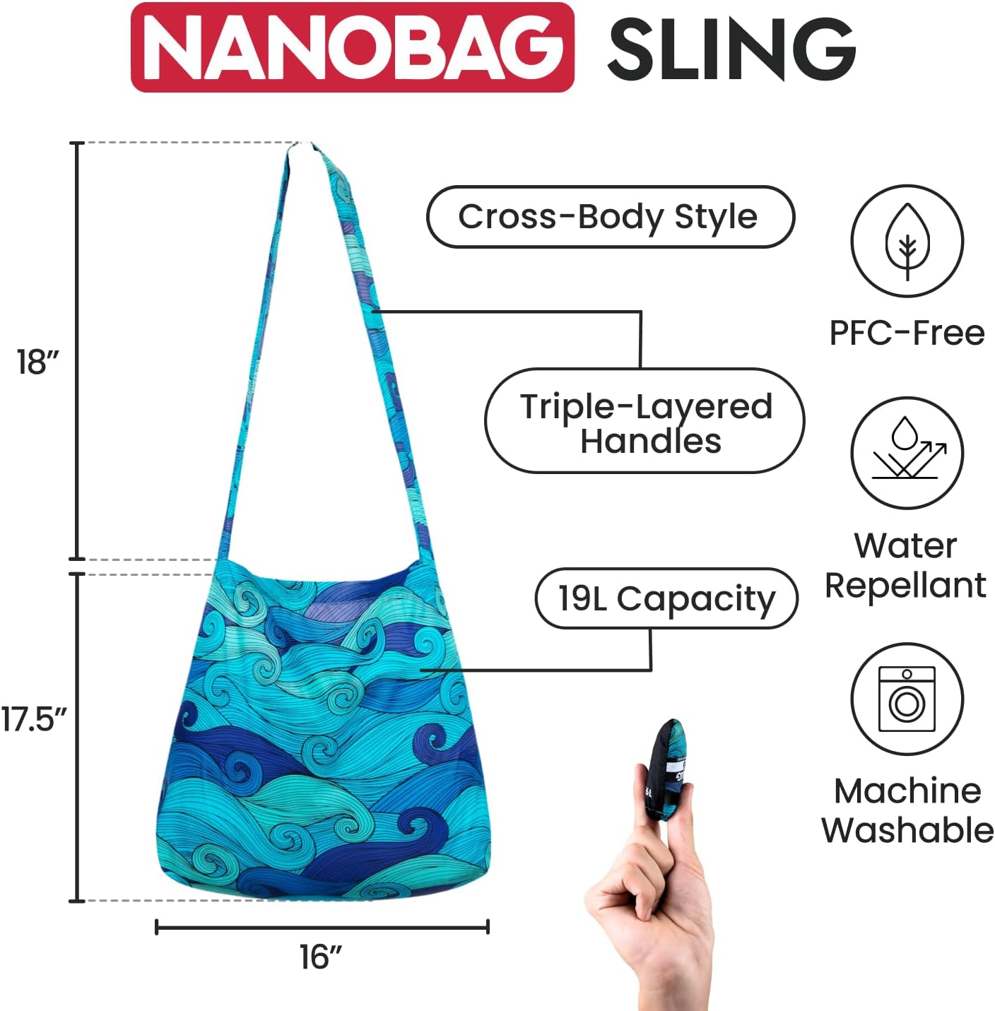 Nanobag Ultra-Lightweight Foldable Sling for Women & Men, Reusable Grocery & Travel Bag, Packable Collapsible Compact Market Crossbody (Sling Black)