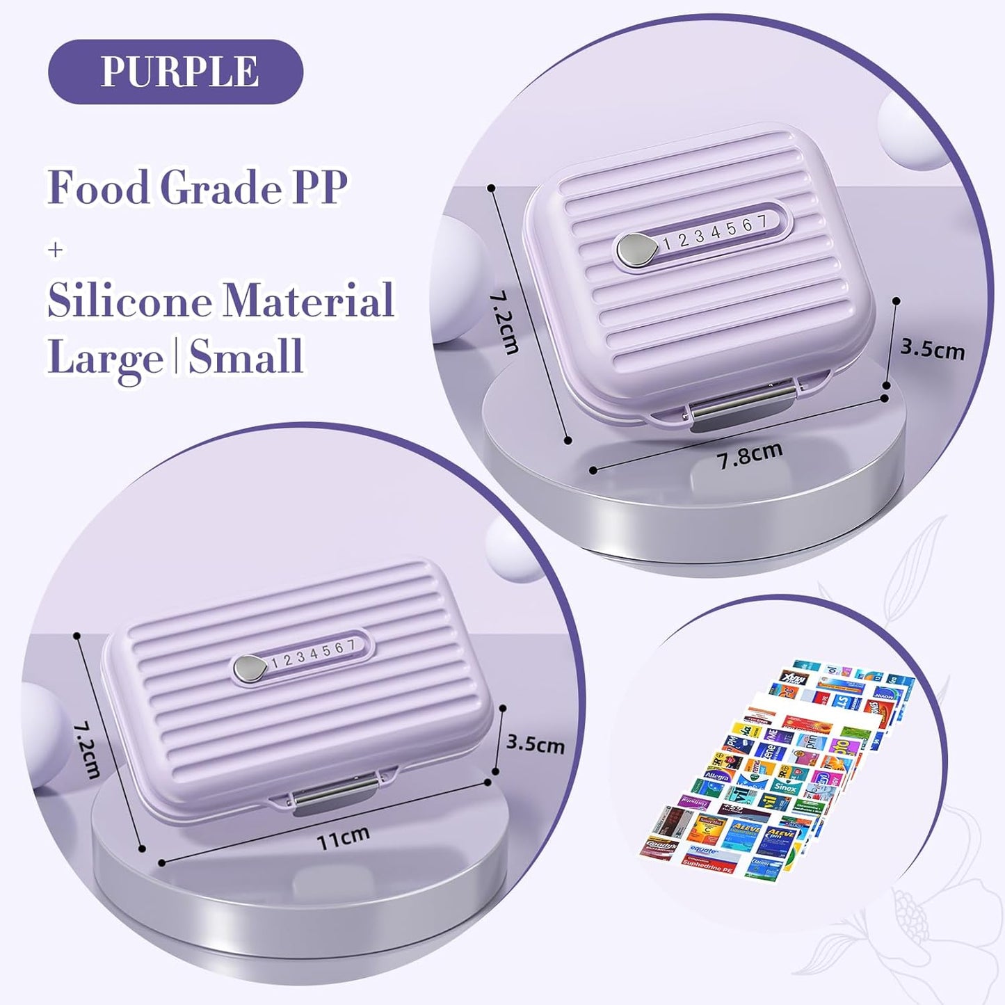 Travel Pill Organizer Box with Medicine Labels, 2Pack 7 Compartments Portable Pill Case, Daily Medication Organizer Storage Pill Container for Pocket Pharmacy(Purple, S+L 2pack)