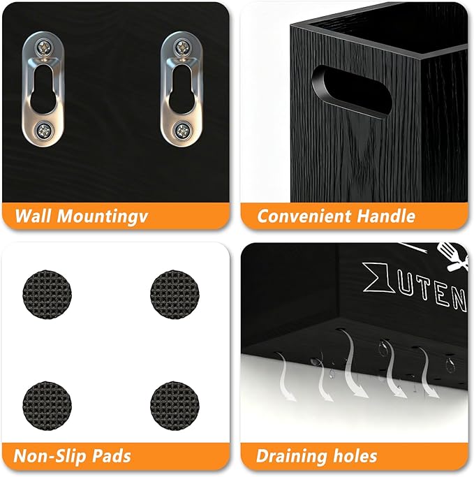 Extra Large and Durable Black Wooden Kitchen Utensil Holder - Image 6