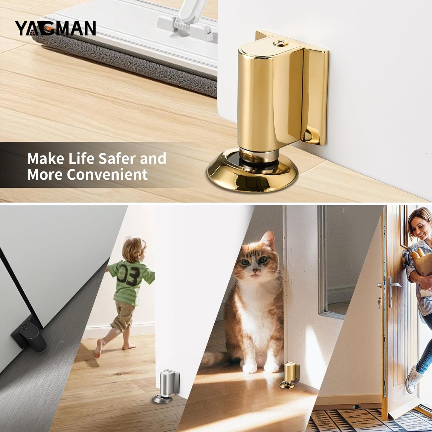 1 Pack Magnetic Door Stoppers Retractable Bottom of Door Holder No Drilling Mount Floor Door Stop with Screws and Adhesive Catch Door Keep Door Open Polished Gold PG-1