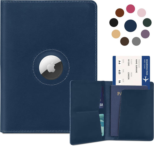 Passport Holder for Men Women Travel, Real Leather Passport Wallet, Handmade Passport Cover Case with Airtag Slot, Travel Must Haves Essentials Accessories Birthday Gifts (Crazy Horse, Blue)