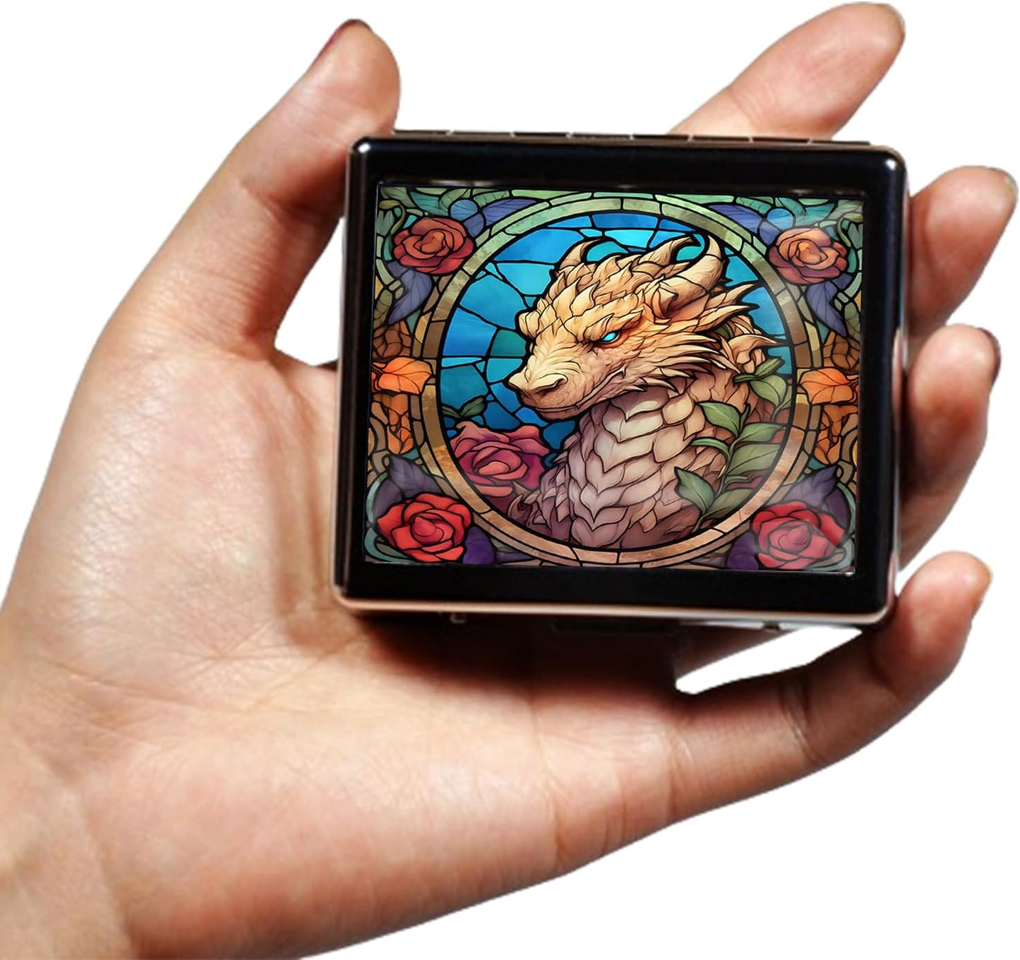 Silver Vintage Pill Box 7 Day Metal Pill Box with Mirror and 8 Compartments Cute Travel Pill Organizer for Purse (Dragon Stained Glass)