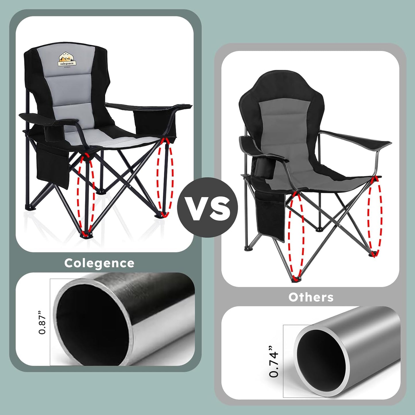 Oversized Folding Camping Chairs - 450 LBS Support Heavy Duty Camp Chair with Padded Cushion, Portable Outside Chairs with Carry Bag，Cooler, Cup Holder for Outdoor, Lawn, Sports - Black