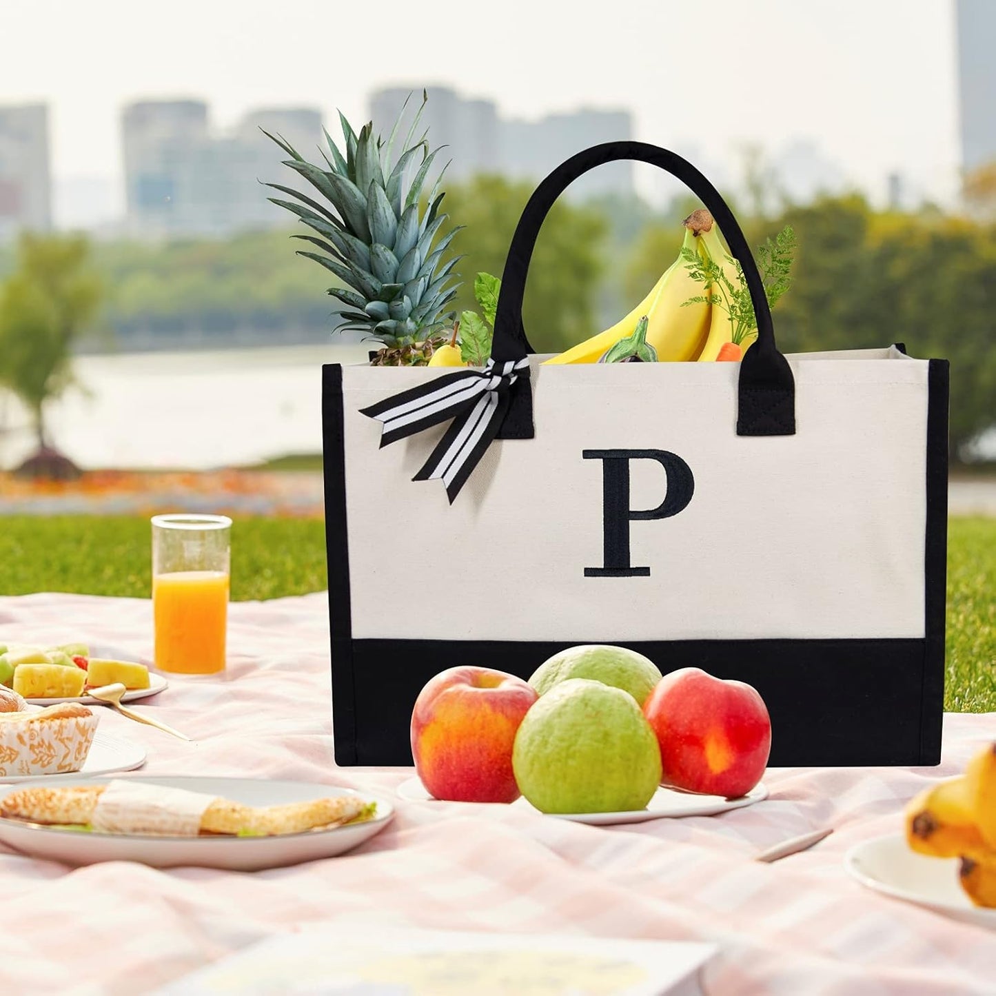 TOPDesign Embroidery Initial Canvas Tote Bag, Personalized Present Bag, Suitable for Wedding, Birthday, Beach, Holiday, is a Great Gift for Women, Mom, Teachers, Friends, Bridesmaids (Letter P)