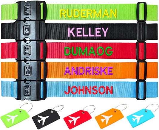 3PC Custom Embroidery Luggage Strap with Your Text/Name,Personalized Luggage Straps with Lock for Suitcases,Adjustable Suitcase Strap Belt Tag for Secure Travel