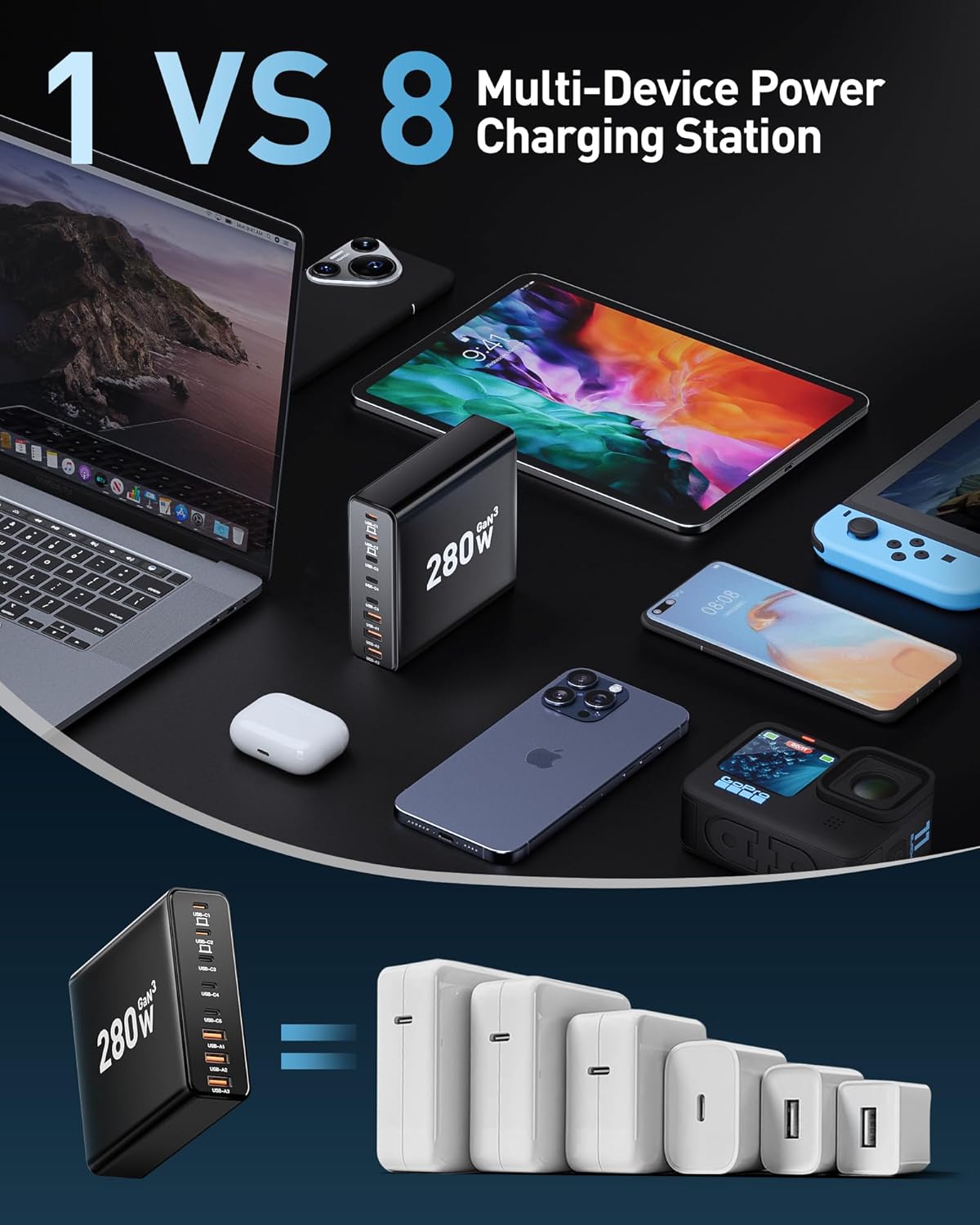 280W USB C Charger Block, 8-Port USB C Charging Station GaN III PD 65W Laptop Charger Adapter Compatible with MacBookPro/Air,DELL,iPad,Portable Charging Station for iPhone,Samsung Galaxy (Black)