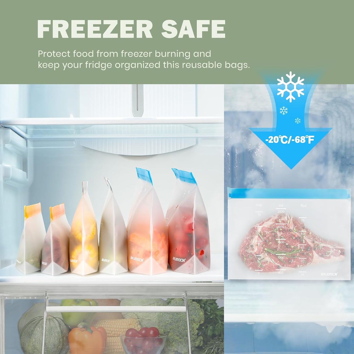 Dishwasher Safe Reusable Storage Bags Stand Up - BPA Free Reusable Sandwich Bags - Leakproof Gallon Freezer Bags, Silicone Food Storage Bags - Grey 12 Sandwich Bags