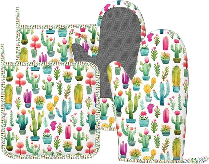 Oven Mitts and Pot Holders Set, Cactus Pattern Watercolor Silicone Kitchen by DADABULIU