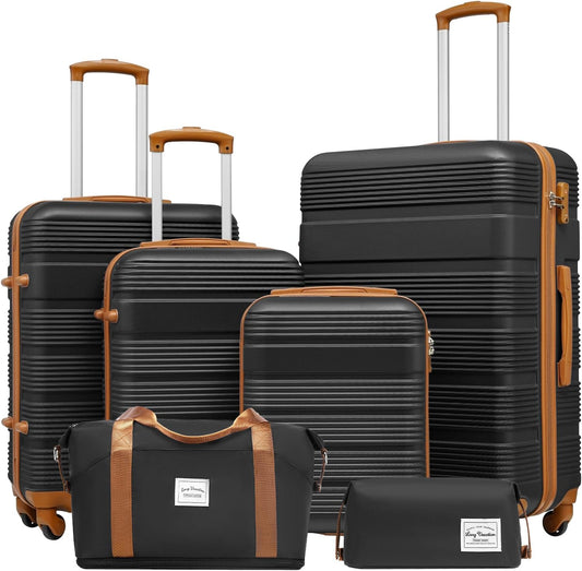 LONG VACATION 6 Piece ABS+PC Hardshell Luggage Set with Spinner Wheels, Lightweight suitcase set with TSA Lock & YKK Zipper