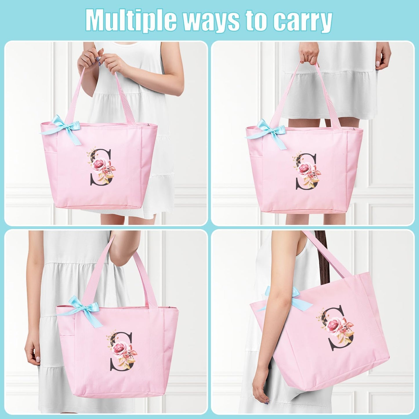 Vavabox Tote Bag, A-Z Initial Monogrammed Waterproof Tote Bag, Bridesmaid Gifts for Women, Black and Pink