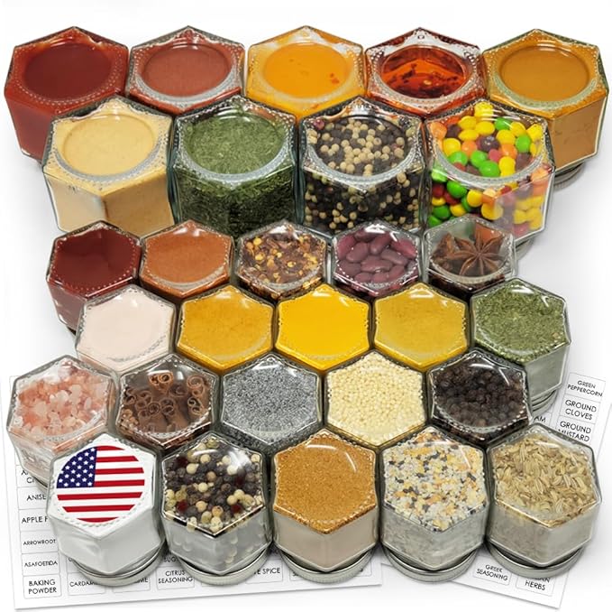 Magnetic Spice Jars Combo Pack 29 Pack Refrigerator Hexagon Glass Spice Jar by CROSS+HOMES