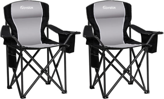 Padded Camping Chairs for Adults, Oversized Folding Outdoor Chairs, Weight Capacity 475lbs, with Cooler Bag, Cup Holder, Storage Pocket Carry Bag (Black - 2 Pack)