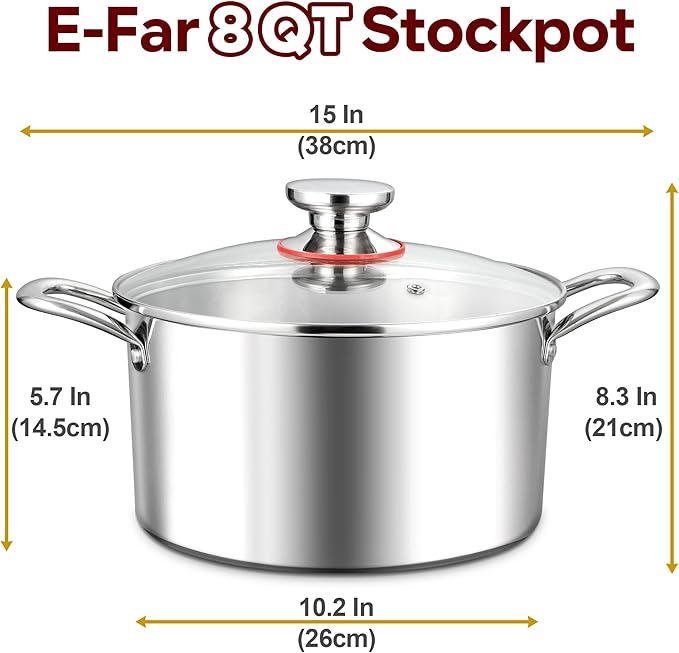 E-far 8 Quart Stock Pot with Lid, 18/10 Tri-ply Stainless Steel Stockpot - Image 2