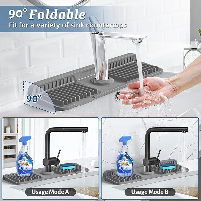 PoYang 17.7 inch Faucet Mat for Kitchen Sink Splash Guard, 7° Slope Silicone - Image 2