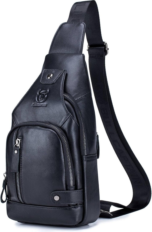 BULLCAPTAIN Leather Sling Bag Mens Chest Bag Casual Shoulder Crossbody Bags Travel Hiking Backpacks Daypack with USB Charging Port (Black)