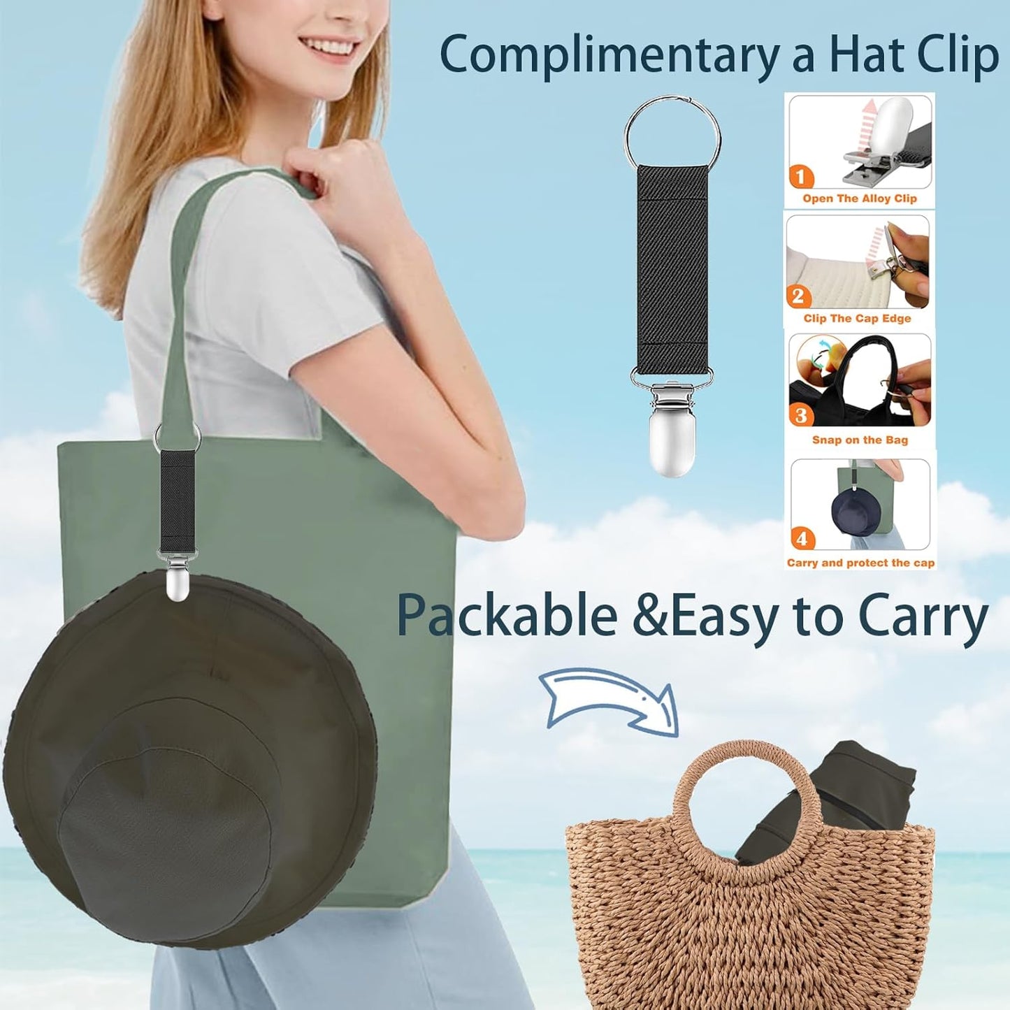 vidsel Womens Sun Hats Wide Brim Reversible Bucket Cotton Hat Packable Summer Travel Cap with Hat Clip,UV Protection