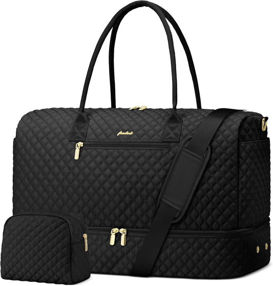 Travel Weekender Bags for Women - Duffle Bag Women with Shoe Compartment Carry On Overnight Bag with Toiletry Bag Duffel Bags with Wet Pocket for Gym Hospital Bags for Labor and Delivery Black