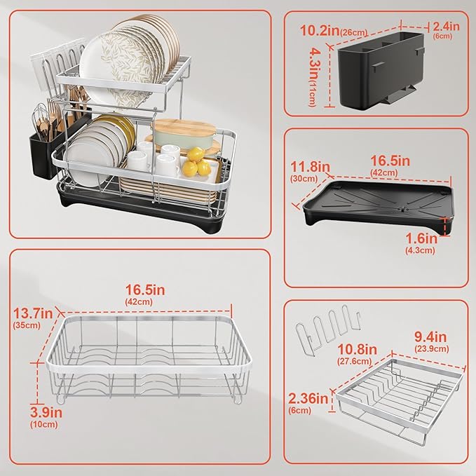 2-Tier Dish Drying Rack for Kitchen Counter, 304 Stainless Steel - Image 2