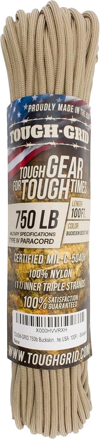 TOUGH-GRID 750 Paracord Rope Nylon Parachute Cord, Made in USA Survival Kit, Outdoor Adventures, Camping, Tactical Gear & Emergency Supplies, Military Type IV Mil-Spec