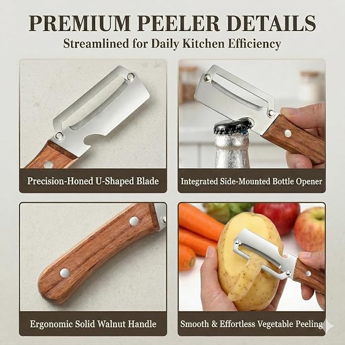 2-in-1 Vegetable Peeler with Wooden Handle, Premium Stainless Steel Peeler with - Image 7