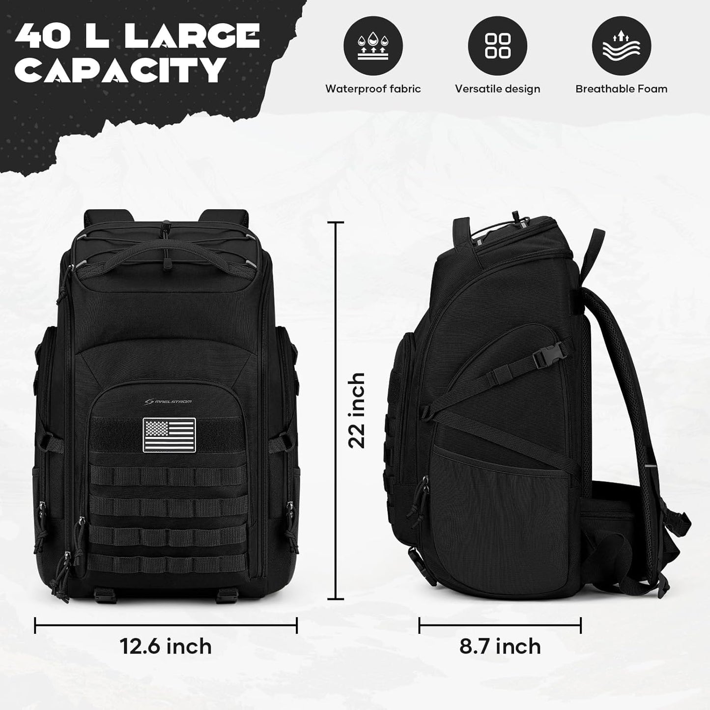 Maelstrom Tactical Backpack for Men, 40L Military Backpack,Water Resistant Assault Pack for Women, 3-Day Bug Out Bag for Hiking, Camping, Gym with Molle System-Black