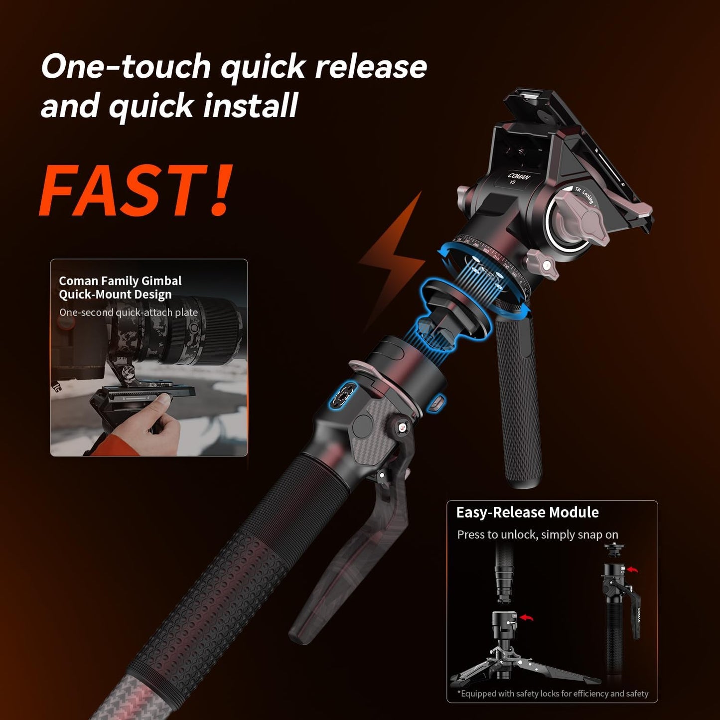 COMAN One-Click Lifting Carbon Fiber Monopod, 69‘’ Camera Monopod with Feet, Lightweight Travel Tripod with Quick Release Plate for Camera, DSLR, Camcorder, Max Load 22lbs/10kg (M1ProV5)