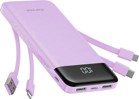 charmast Portable Charger with Built in Cables, Power Bank with Cords Wires, Slim 10000mAh Travel Battery Pack 6 Outputs 3 Inputs 3A Fast Charging for Samsung Google Pixel LG Moto iPhone iPad