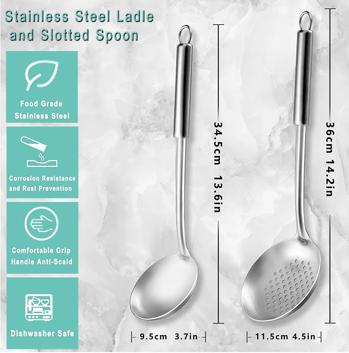 Pleafind 2-Pcs Ladle and Slotted Spoon, Soup Ladle and Strainer Spoons - Image 2