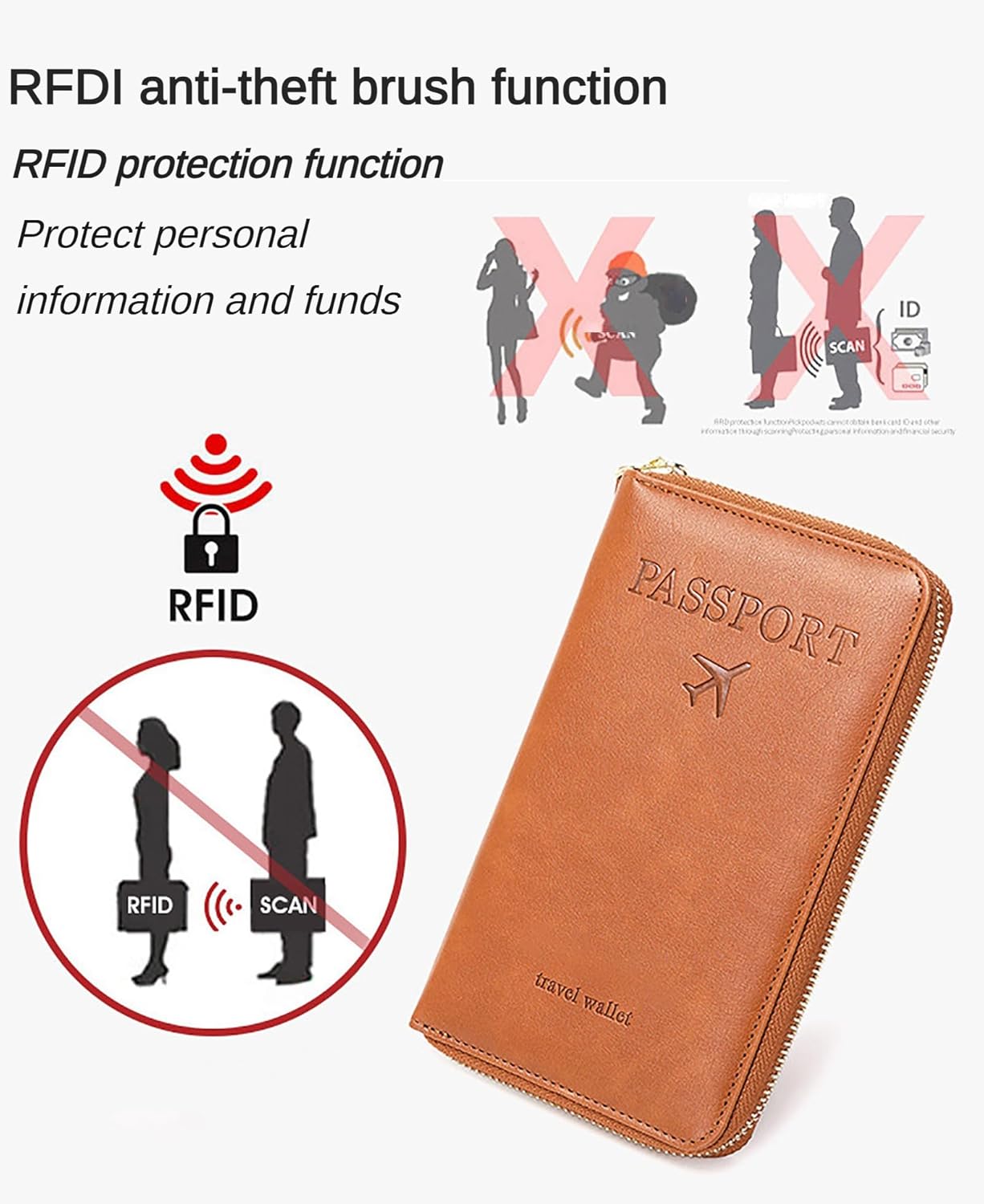 Rowgins Rfid Blocking Passport Holder Wallet, Rowgins Rfid Passport Holder with Zipper, PU Leather PassportHolder for Travel (BROWN)