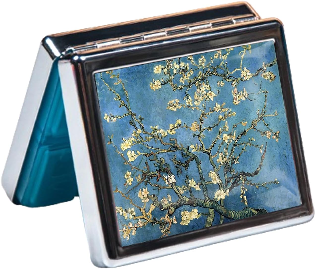 Silver Vintage Pill Box 7 Day Metal Pill Box with Mirror and 8 Compartments Cute Travel Pill Organizer for Purse (Art Almond Blossoms)