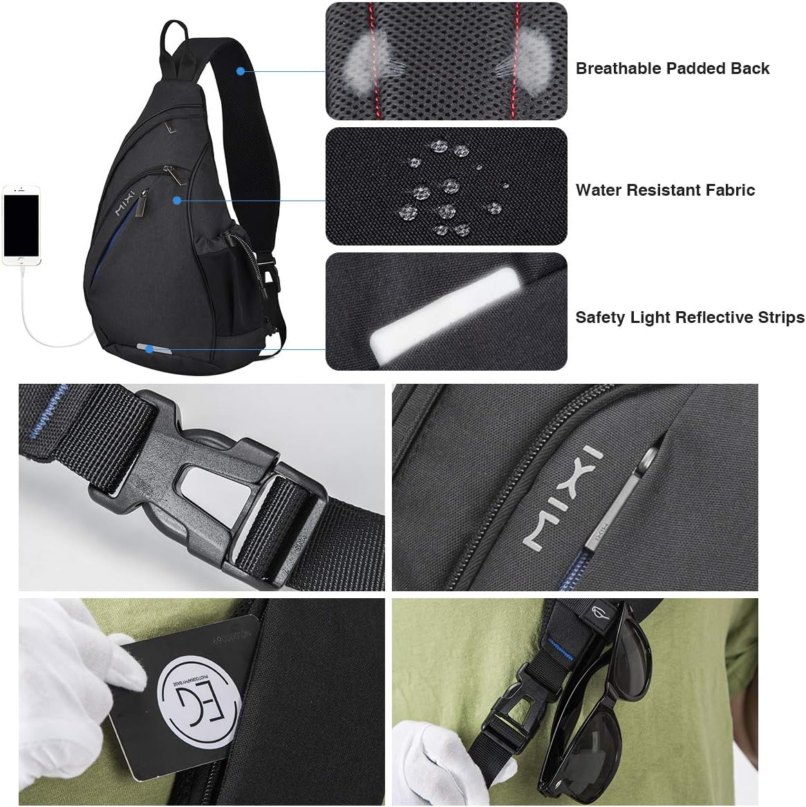mixi Sling Bag Men Backpack Unisex One Shoulder Bag Hiking Travel Backpack Crossbody with USB Port for Men Women Versatile Casual Daypack-20 inch,Black