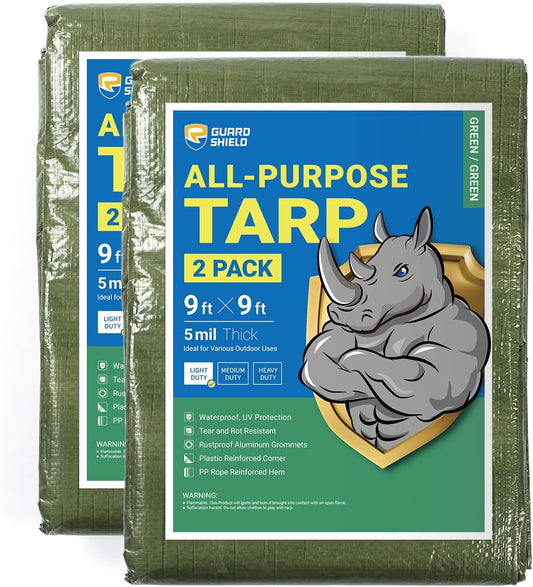 GUARD SHIELD Tarp Green 9x9 Feet Multi Purpose Waterproof Poly Tarp Cover 5mil (2-Pack)