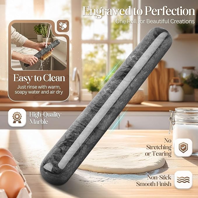 Flexzion French Rolling Pin, 12 Inch Black Marble Rolling Pins - Image 3