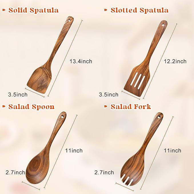 4Pcs Wooden Spoons for Cooking, Acacia Wood Kitchen Utensils Set for Nonstick - Image 6