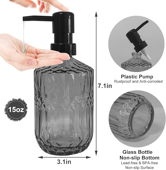 Grey Glass Soap Dispenser with Black Pump, 15oz Liquid Hand Dispenser, - Image 2