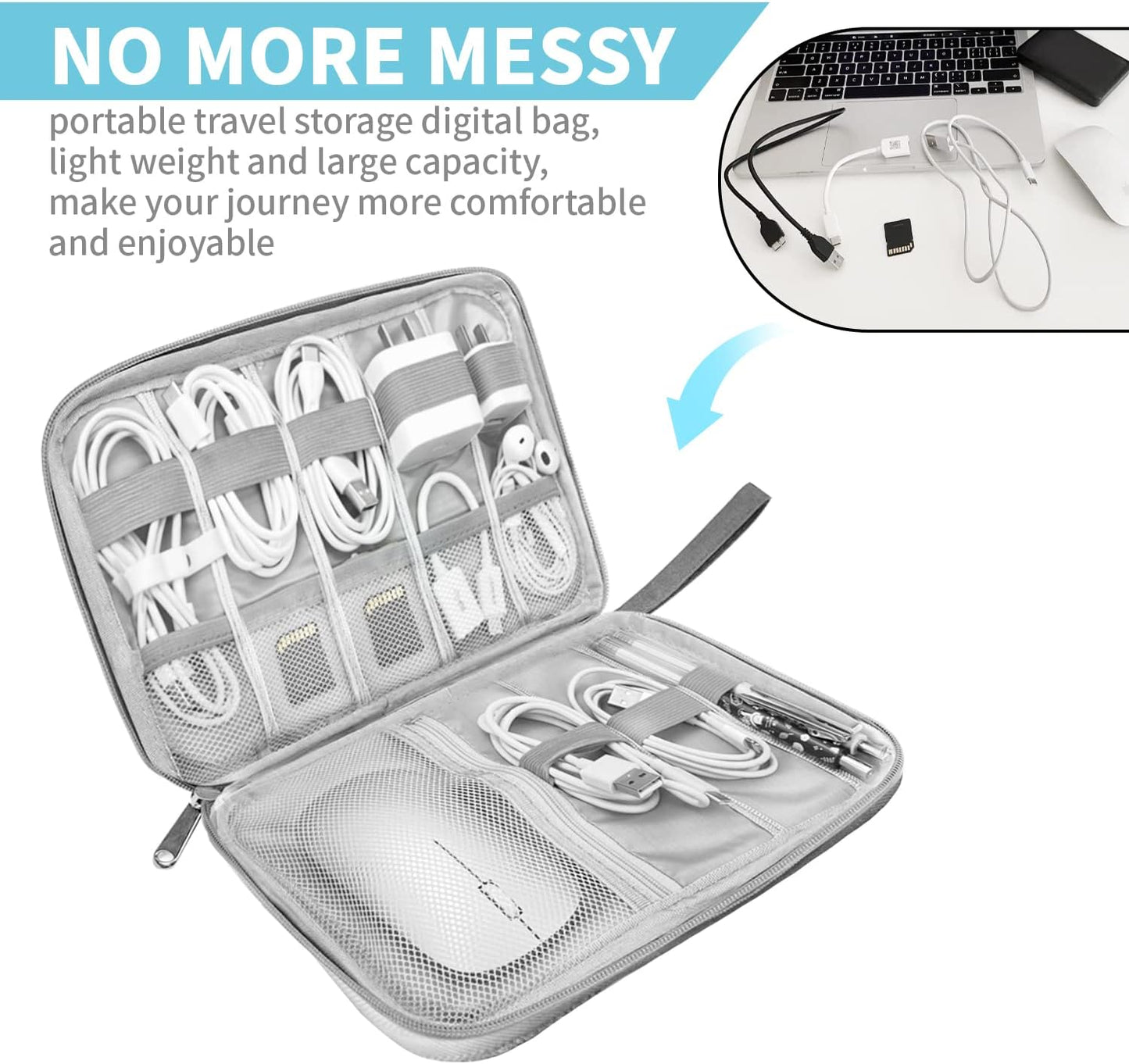 Electronics Organizer Travel Case,Electronic Accessories Storage Bag,Portable Waterproof Cable Organizer Bag,with 5 Cable Ties，for Travel,Work-Grey