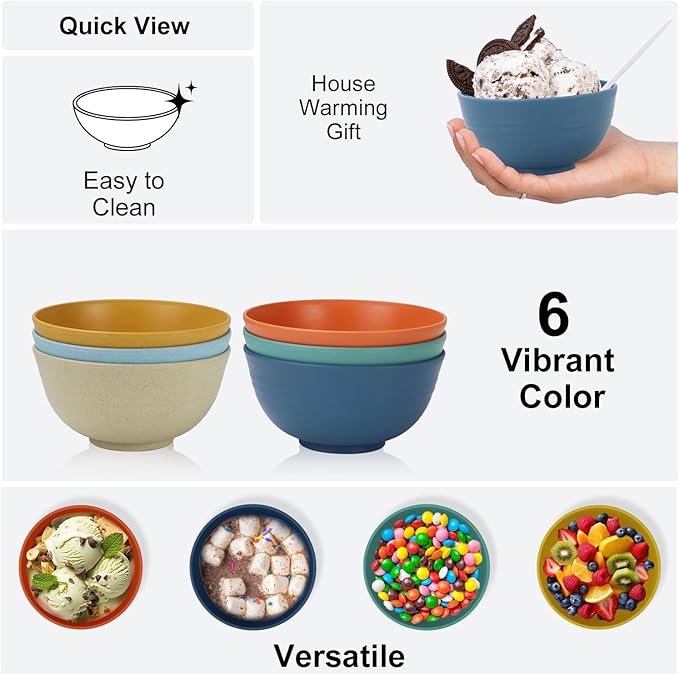 Unbreakable Wheat Straw Bowls for Kids, 10 oz Snack Bowls Set of 6, Small Handy - Image 3