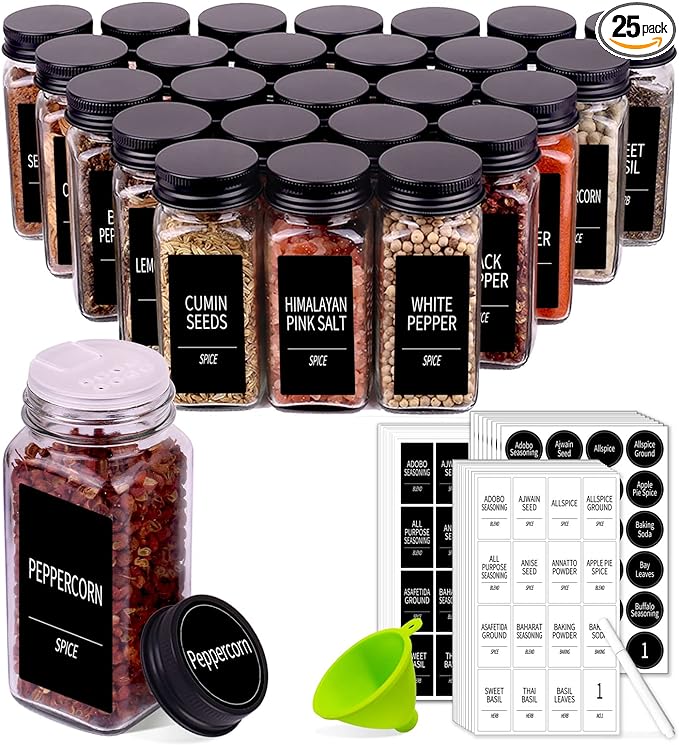 Churboro 25 Spice Jars with 547 Labels- Glass Spice Jars with Black Metal Caps by Churboro