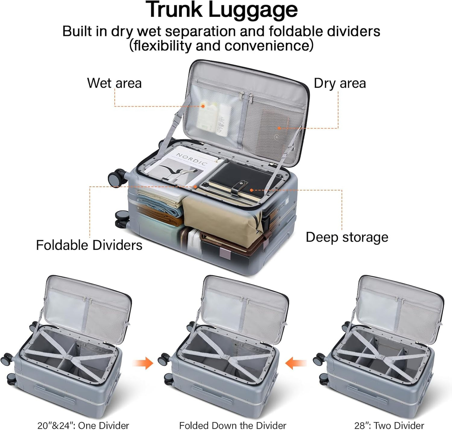 Hanke 20 Inch Carry On Luggage with Cup Holder and Charge,Top Opening Hard Shell Suitcases with Wheels and Dividers,Aluminum Frame Trunk Luggage Small Suitcase with Lock for Travel,Gray