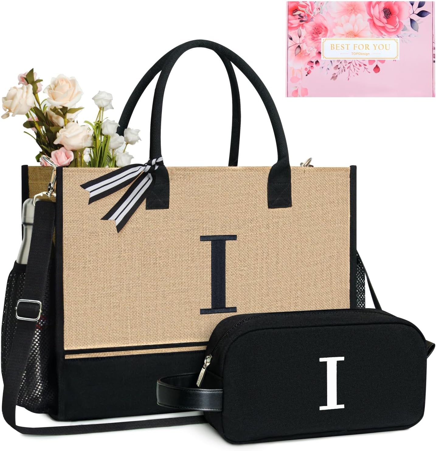 TOPDesign Personalized Initial Canvas Tote Bag, for Wedding, Birthday, Beach, Perfect Gifts for Women, Mom, Teachers, Friends