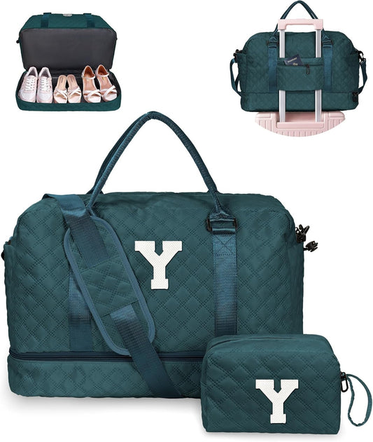 Gifts for Teenage Girls-Initial Travel Bag with Shoe Compartment, Personalized Weekender Bag, Monogram Overnight Bag for Women, Letter Travel Bag with Makeup Bag Graduation Gifts (Letter Y)