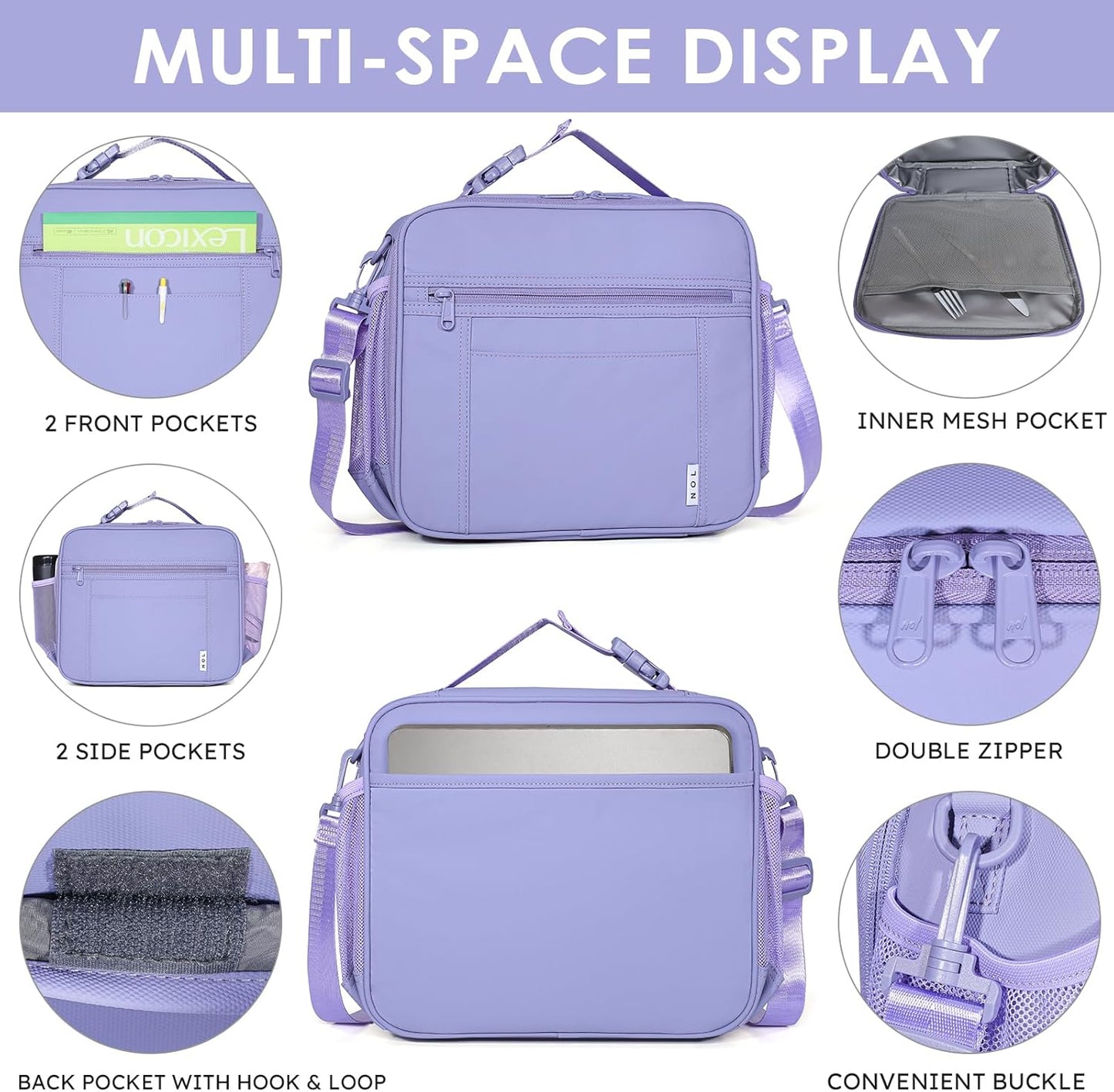 NOL Kids Lunch Bag -Kids 3+ Reusable Insulated Lunch Box with Zipper Closure Buckle Handle Adjustable Long Shoulder Strap, Easy-Clean Waterproof Fabric, Children Lunch Tote Bag for School-Light purple