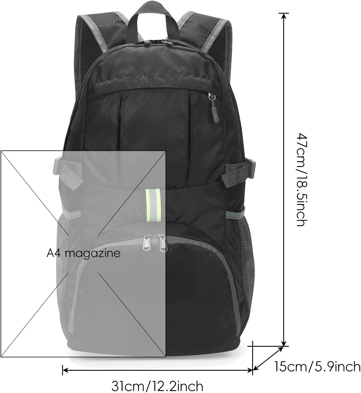 Yaopeing Lightweight Backpack,25L Foldable Hiking Packable,Water Resistant Travel Outdoor Shoulder Bag for Woman Men,Black