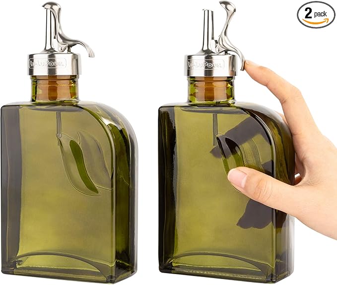 Olive Green 12oz Glass Olive Oil Bottle Dispenser - 350ml Oil and Vinegar - Oil by Lu-LuPour