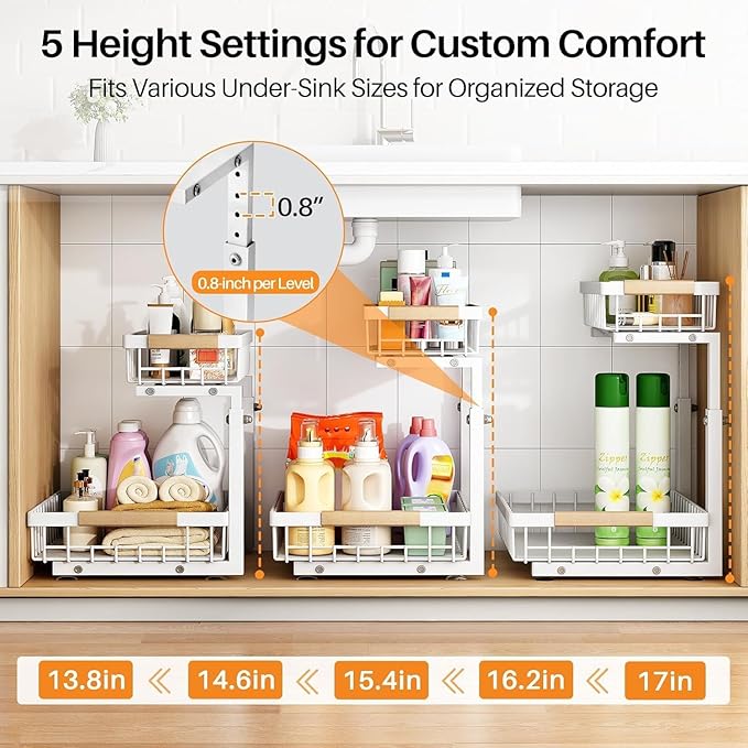 PXRACK Under Sink Organizer, Adjustable Height, 2 Tier Pull Out Under Cabinet - Image 5