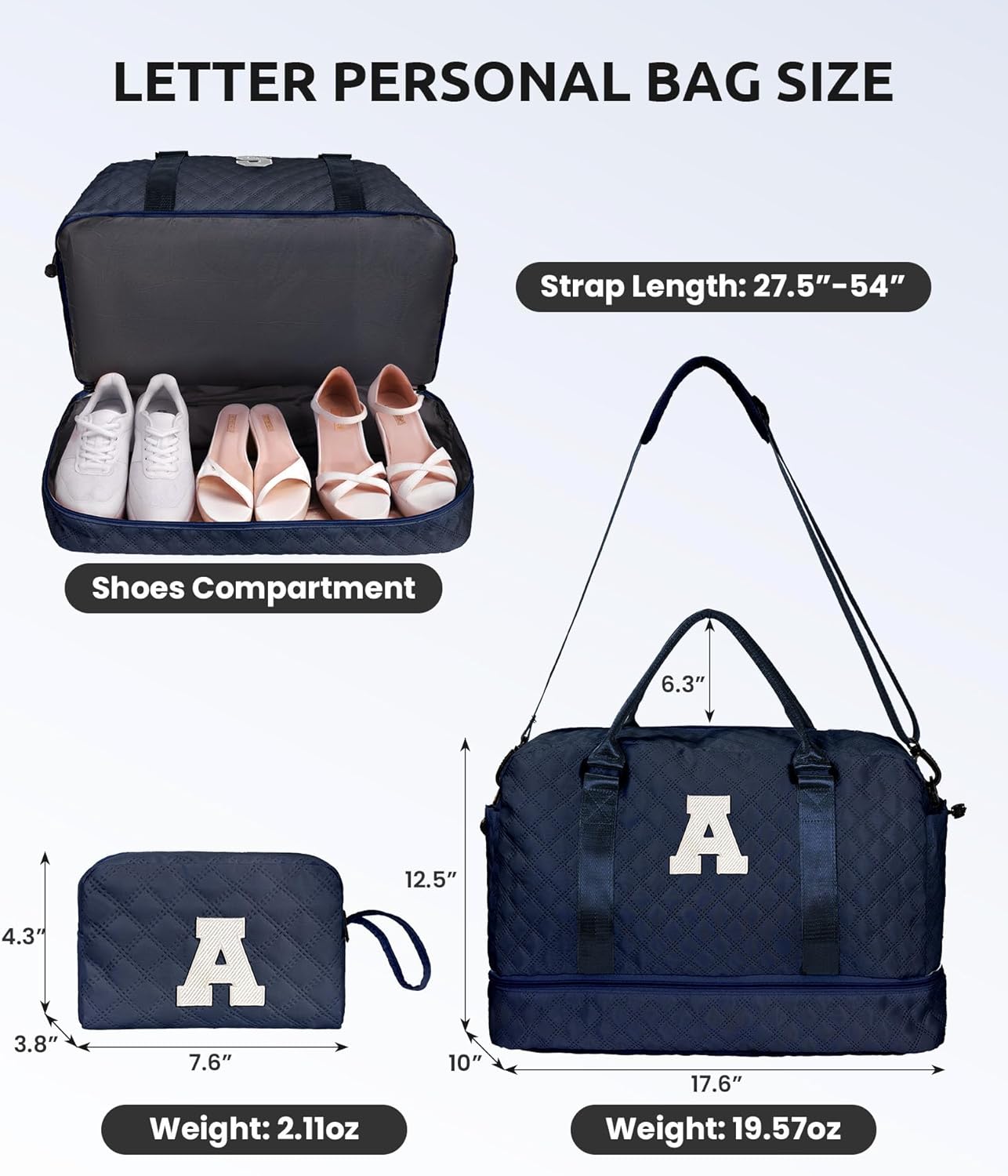 Gifts for 9 10 11 12 13 14 15 16 17 Year Old Girls-Duffle Bag with Shoe Compartment, Personalized Weekender Bag, Travel Bag with Makeup Bag，Birthday Gifts for Women Friendship (Letter T)