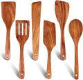 6 Pcs Best Flat Wood Spatula Set Teak Wooden Spoon by Ayiaren