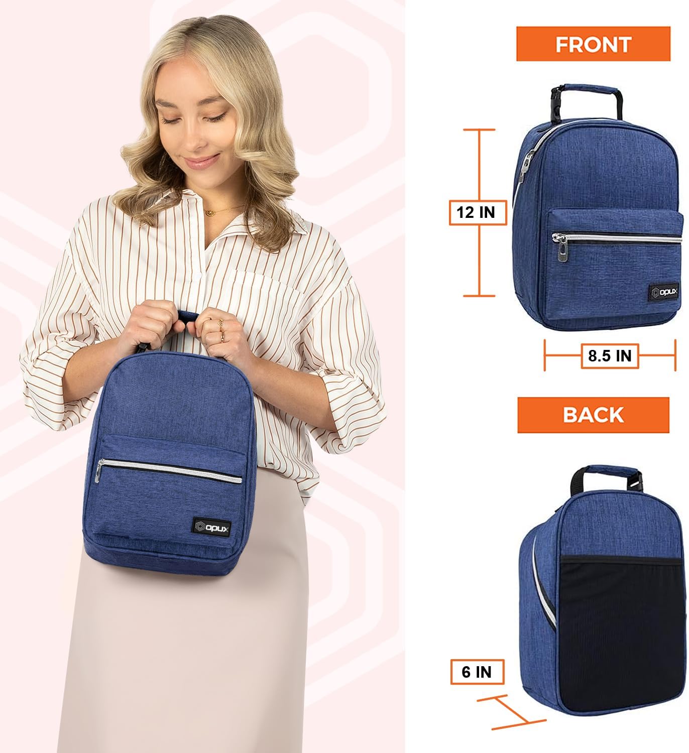 opux Lunch Box for Girls Boys Kids, Insulated Leakproof Lunch Bag, Reusable Teen Lunch Boxes for School, Medium Large lunchbox for Women Men Adult for Work with Front Back Pocket (Navy Blue)